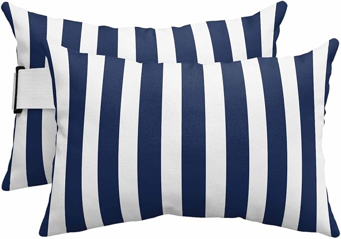 Navy Blue Striped Outdoor Chaise Lounge Head Pillow with Insert,Modern Farmhouse Blue White Stripes Waterproof Headrest Lumbar Pillow Cusion Cover with Elastic Strap for Patio Recliner,11"x16" 2PCS
