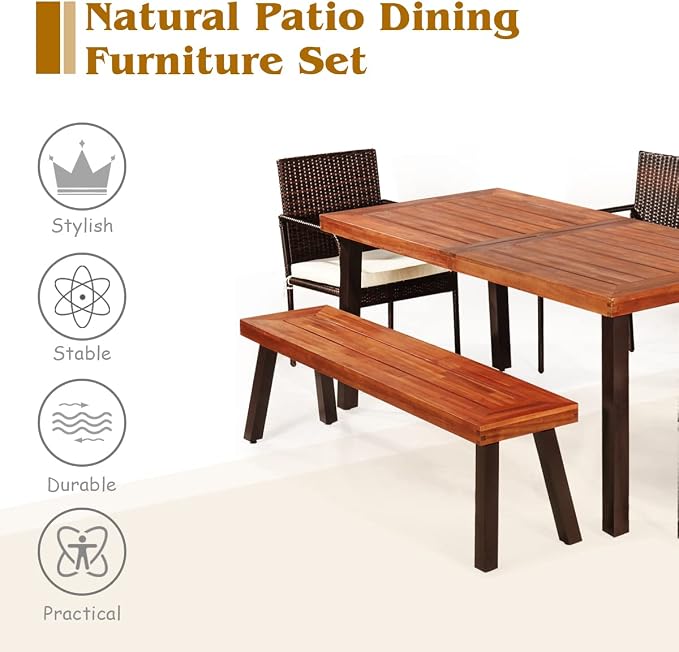Tangkula 6 Piece Acacia Wood Patio Dining Set, Patiojoy Outdoor Wicker Furniture Set w/Bench, 4 Cushioned Rattan Chairs & Wood Table with Umbrella Hole, Ideal for Backyard Garden Porch