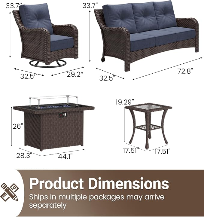 5 Pieces Outdoor Furniture Set with 6-inch Cushions, High Back Wicker Swivel Rocker Chairs with Fire Pit Table, Luxury Conversation Set for Deck Patio and Poolside