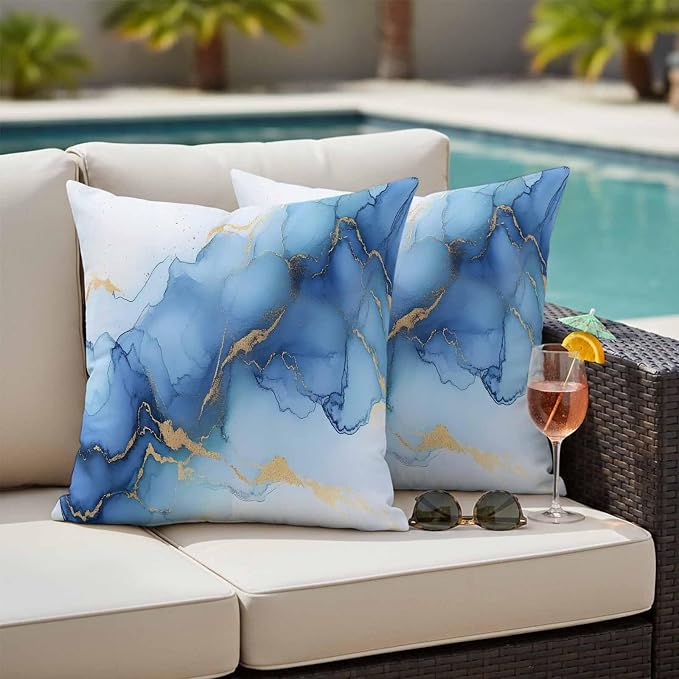 Abstract Marble Texture Outdoor Waterproof Throw Pillow Covers Set of 2, 16"x16", Gold Blue Gradient Modern Art Decoration Decorative Pillow Covers Outside Cushion Case for Patio Porch Garden