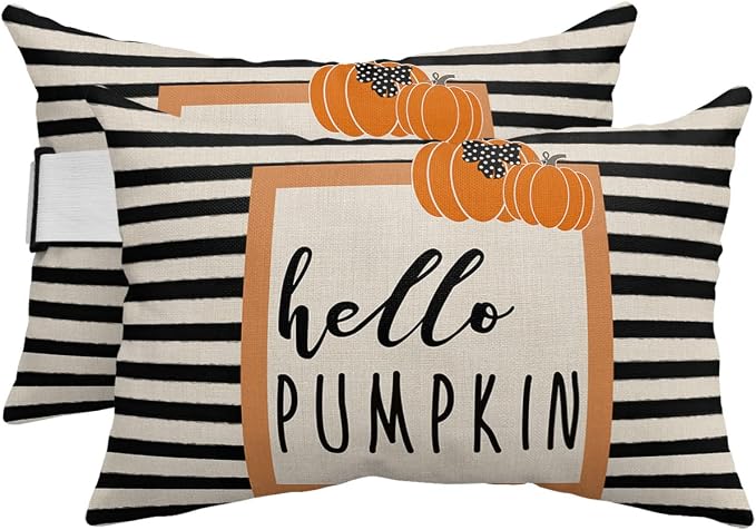 Outdoor Pillows Covers with Inserts Hello Pumpkin Black White Stripe Waterproof Recliner Pillow with Adjustable Strap Throw Pillows for Patio Furniture Pool Lounge Chair, 11x16 inch, 2PCS