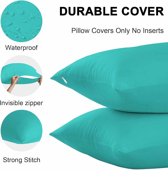 Throw Pillow Covers 16x16 Inch Set of 2, Turquoise Waterproof Outdoor Cushion Covers, Modern Pure Turquoise Decorative Pillowcases for Couch, Sofa, Bed, Garden, Patio