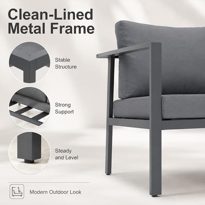 Aluminum Patio Sectional Furniture Set, 4 Piece Patio Conversation Sets Outdoor Patio Furniture Set Sofa with Coffee Table & Washable Cushions Grey