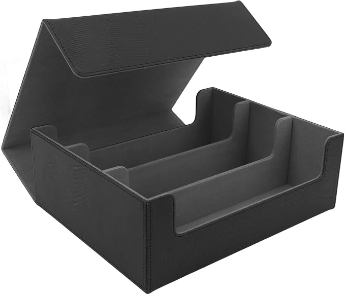 Fydun Large Capacity Card, Deck Box 3 Rows Magnetic Closure Boxes with PU Leather Storage Box/Cover for Game Cards Tarot Black Cover Grey Lining Holds More Than 1800 Sheets (#1)