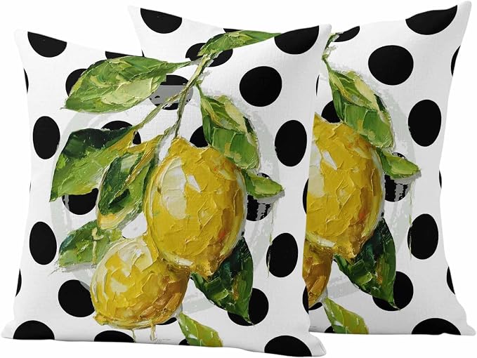 Waterproof Pillow Covers Set of 2,Summer Lemon Polka Dot Outdoor Pillow Protectors with Zipper Pillowcases for Patio Tent Garden Beach 18x18 Inches Country Fruit Oil Painting Style