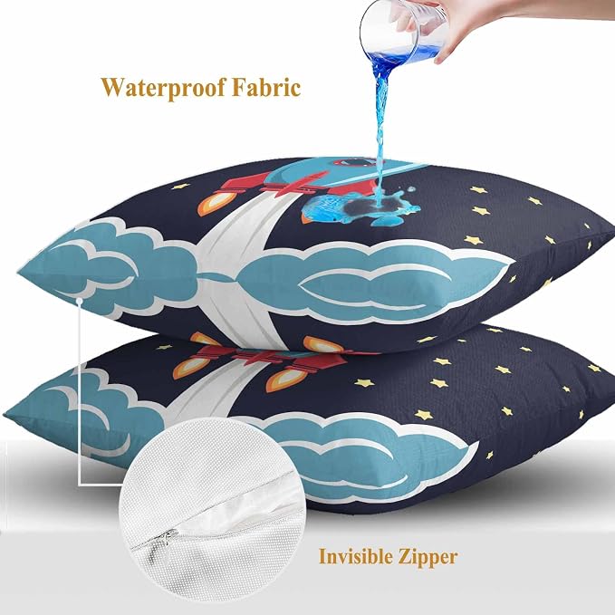 Rocket Stars Outdoor Waterproof Throw Pillow Covers Set of 2, 26"x26", Moon Sky Cartoon Space Craft Decorative Pillow Covers Outside Cushion Case for Patio Porch Garden