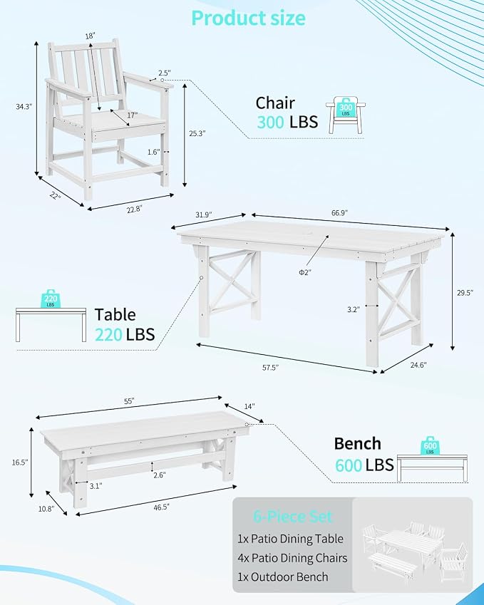 Outdoor HDPE Dining Set for 6, Patio Dining Furniture Set with Umbrella Hole Table and 1 Bench and 4 Chairs, All Weather Outdoor Dining Bench Sets for Poolside, Garden, Deck, White