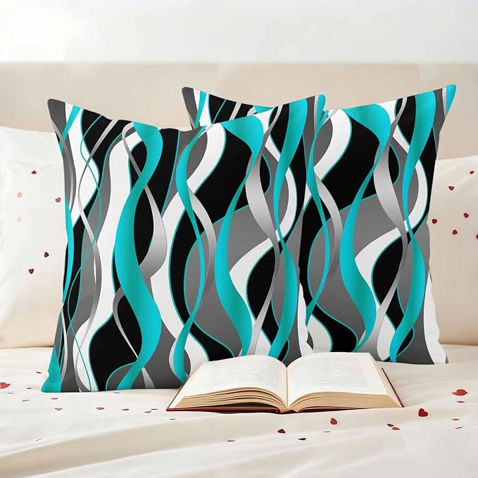 Outdoor Pillow Covers Set of 2, Distortion Blue Stripes Decorative Throw Pillow Covers 16X16IN, Abstract Geometric Art Throw Pillows Protector Cushion Case for Patio,Couch,Sofa,Garden