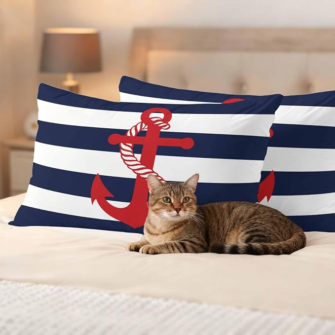Nautical Anchor Outdoor Waterproof Throw Pillow Covers Set of 2, 20"x12", Coastal Navy Blue Stripe Decorative Pillow Covers Outside Cushion Case for Patio Porch Garden