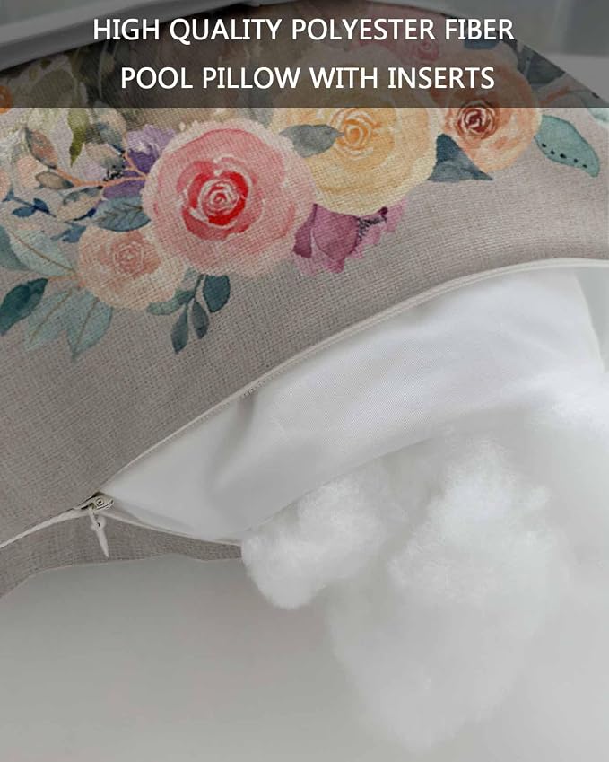 Chaise Lounge Head Resting Pillows,Easter Rabbit Watercolor Flower Floral Grey Outdoor Chaise Pillows,Waterproof Patio Furniture Pillows with Insert and Adjustable Elastic Strap for Beach Chair