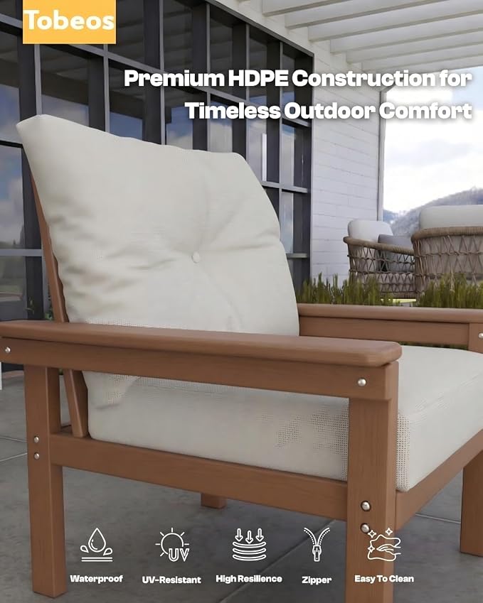 HDPE 7 Piece Patio Furniture Set, All-Weather Outdoor Couch Set with Thick Cushions & Table & Umbrella, Patio Conversation Sets for Lawn, Garden, Porch, Balcony, Deck, Poolside, Teak & Beige