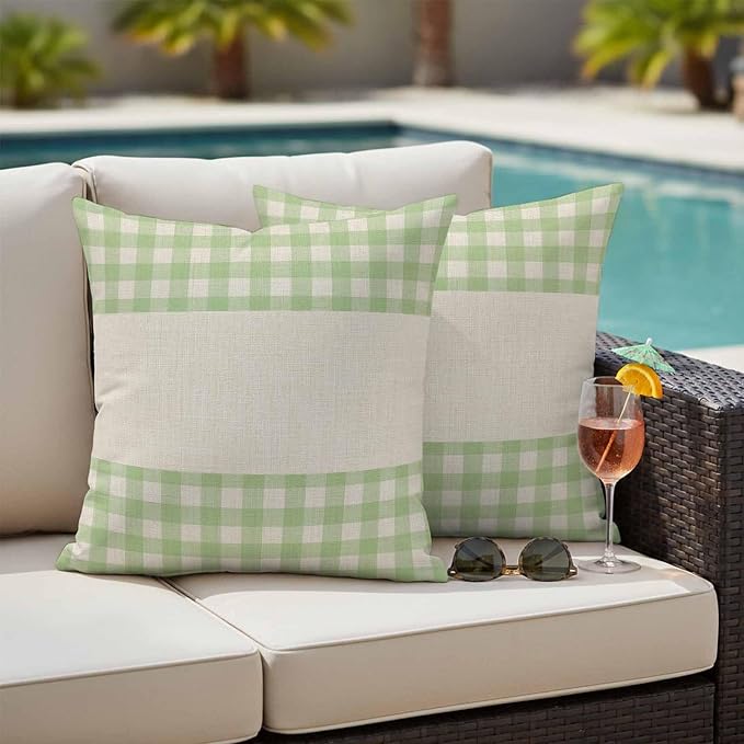 Retro Green Outdoor Waterproof Pillow Covers, Farmhouse Buffalo Plaid Vintage Beige Decorative Square Throw Pillowcase Sofa Cushion Sham for Patio/Couch/Chair, 16"x16" 2 Pack