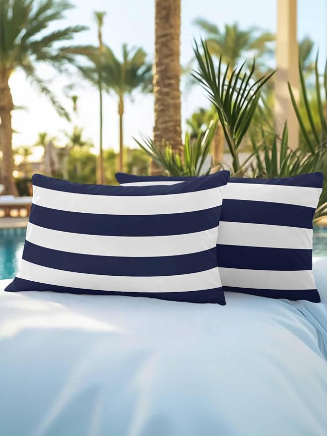 Waterproof Outdoor Pillow Set of 2 Navy Blue Stripe Decorative Throw Pillows Cover & Insert 20x12 Inch Lumbar Pillowcase Simple Style White Striped Pillows for Couch Sofa Bed Patio Furniture