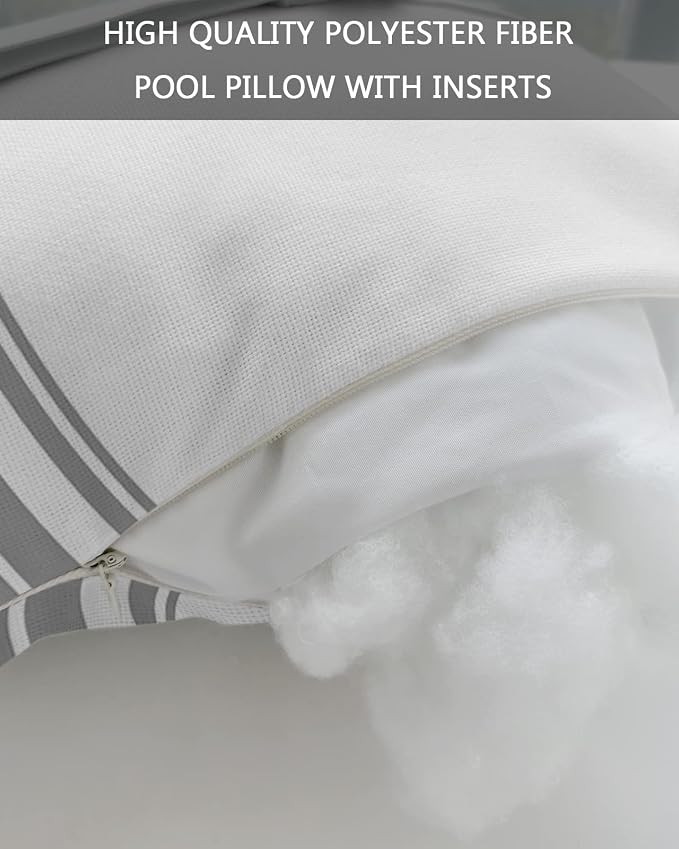 Outdoor Pillows Covers with Inserts Grey Striped Geometric White Waterproof Pillow with Adjustable Strap Throw Pillows for Patio Furniture Pool Lounge Chair, 11x16 Inch, 1PCS