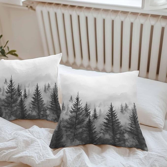 Retro Mist Forest Waterproof Outdoor Pillow Covers Set of 2 Home Decor, Watercolor Mountains Nature Landscape Pillowcase Patio Pillow Covers for Couch Bench Furniture Garden 26x26in