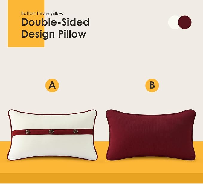 Outdoor Sunbrella Decorative Pillows with Triple Coconut Buttons Pack of 4, 20" x 12" Outdoor Pillow Set for Couch Bed Throw Patio Sofa, Spectrum Eggshell/Spectrum Ruby