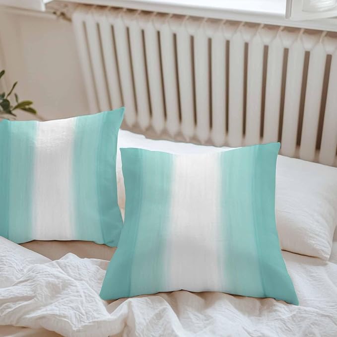 Teal Abstract Stripes Outdoor Pillow Covers 18"x18" Set of 2, Modern Teal White Gradient Waterproof Throw Pillow Covers for Patio Furniture, Decorative Cushion Covers for Porch