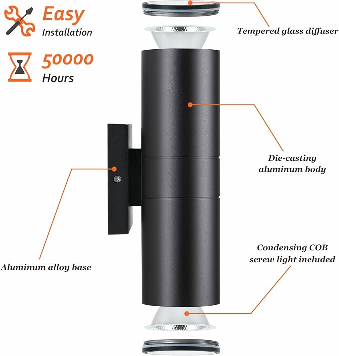 DAKAFUL Outdoor Wall Lights 2 Packs, Integrated LED Cylinder Up Down 12W 2700K Modern Aluminum Light, Waterproof Exterior Light for Porch Patio Door, Matte Black