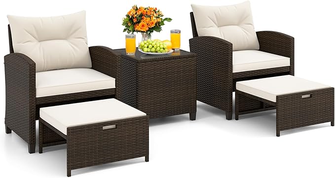 KOTEK 5 Pieces Patio Furniture Set with Ottomans, Wicker Patio Conversation Set with Coffee Table & Cushions, PE Rattan Outdoor Lounge Chairs for Backyard, Porch, Poolside (Mix Brown- Off White)