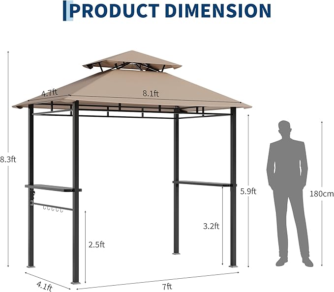 Garvee 8' x 5' Outdoor BBQ Grill Gazebo, Double-Tiered Vented Patio Canopy Tent with 2 Side Shelves for Cooking and Outdoor Entertaining