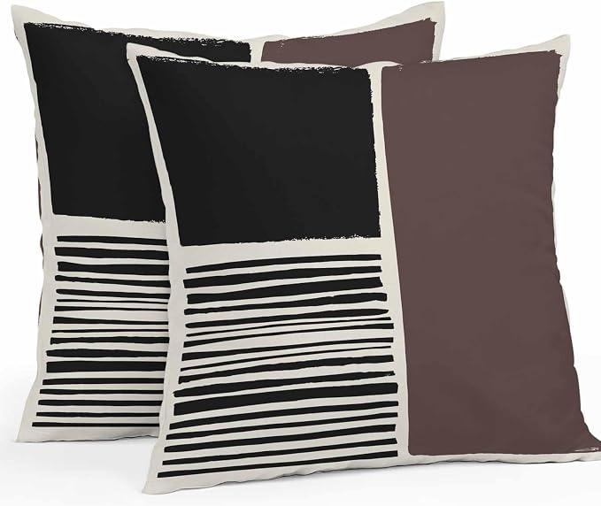 Throw Pillow Covers 18x18 Inch Set of 2, Brown Black Waterproof Outdoor Pillow Covers, Modern Abstract Art Farmhouse Striped Decorative Cushion Pillowcases for Couch, Sofa, Bed, Garden, Patio