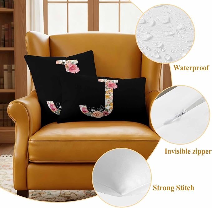 Black Letter J Flower Outdoor Pillow Covers Set of 2 Watercolor Alphabet J Pink Beige Floral Leaf Waterproof Throw Pillow Cover Decorative Cushion Cases for Patio Porch Garden 26X26 Inch