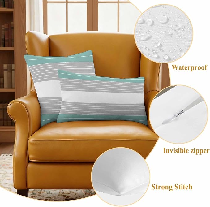 Turquoise Grey Stripe Outdoor Pillow Covers Set of 2 Gradient Line Waterproof Throw Pillow Cover Decorative Cushion Cases for Patio Porch Garden 16X16 Inch