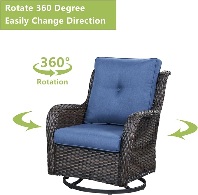 Rilyson Wicker Patio Furniture Set - 5 Piece Rattan Outdoor Sectional Conversation Sets with 2 Rocking Swivel Chairs,2 Ottomans and 1 Sofa for Porch Deck Garden(Brown/Blue)