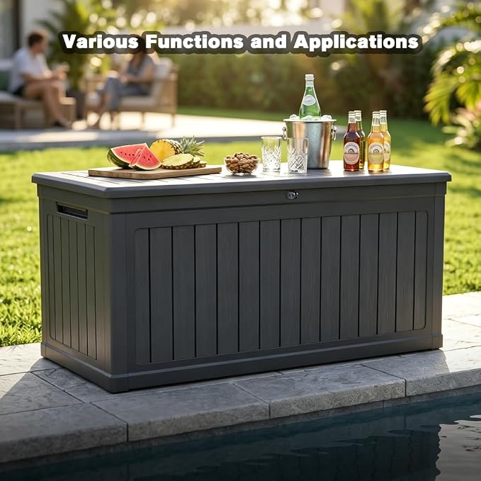 Saiveina 260 Gallon Large Outdoor Storage XXL Deck Box for Patio Furniture, Outdoor Cushions, Garden Tools and Sports/Pools Equipment, Waterproof Resin, Lockable, Black