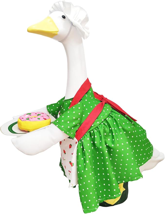 Chef Goose Outfit Green Polka Dot with Detachable Donut – Gift for Grandma, Mother – Spring Summer Garden Decoration for Cement Yard Goose