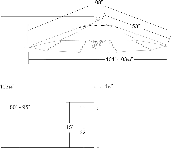California Umbrella 9' Rd. Venture Series Contract Grade Patio Umbrella, Push Open Pin Stop, Silver Finish, Sunbrella Charcoal