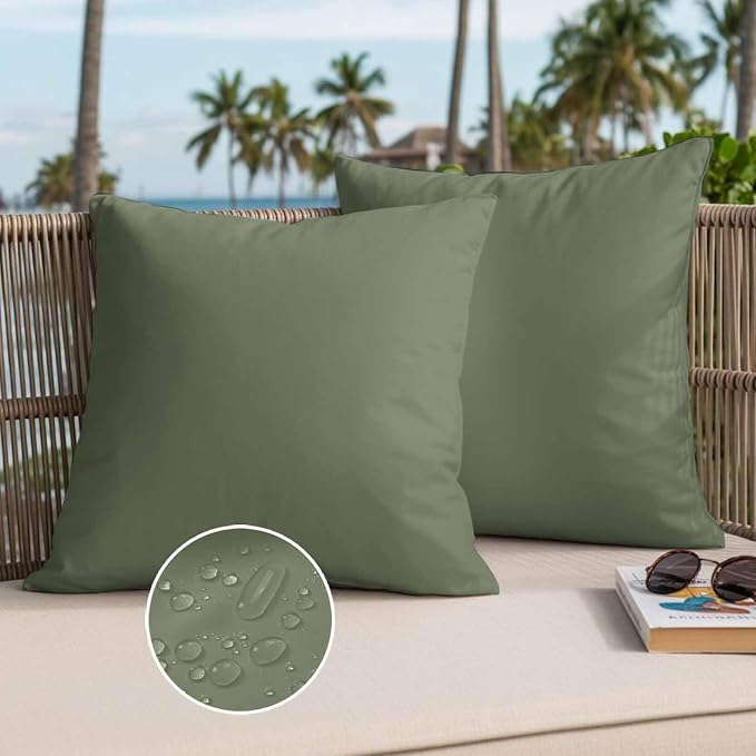 Throw Pillow Covers 24x24 Inch Set of 2, Green Solid Color Waterproof Outdoor Pillow Covers, Aesthetics Contemporary Luxury Decorative Cushion Pillowcases for Couch, Sofa, Bed, Garden, Patio