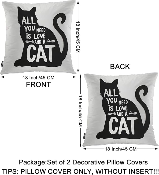 Swono Couch Pillow Cover Set of 2 Black Cat, All You Need is Love and A Cat Quote Decorative Throw Pillowcase Cushion Cover 18 X 18 Inch Throw Pillows Covers for Sofa Bedroom Car Living Room