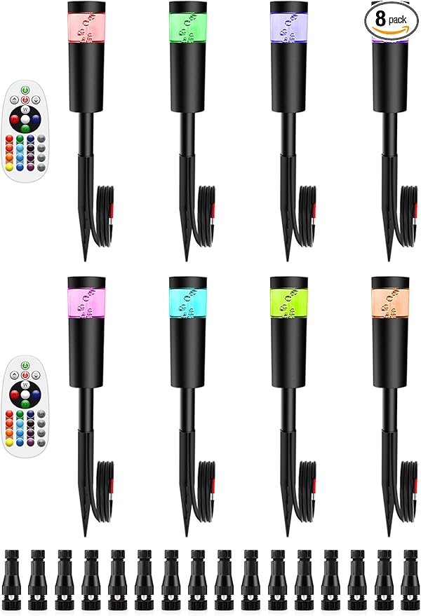 5W RGBW Low Voltage Landscape Pathway Lights with Connectors 12V Outdoor Color Changing Landscape Lighting LED Bollard Path Lights Wired Waterproof Walkway Light for Garden Yard (8Pack)