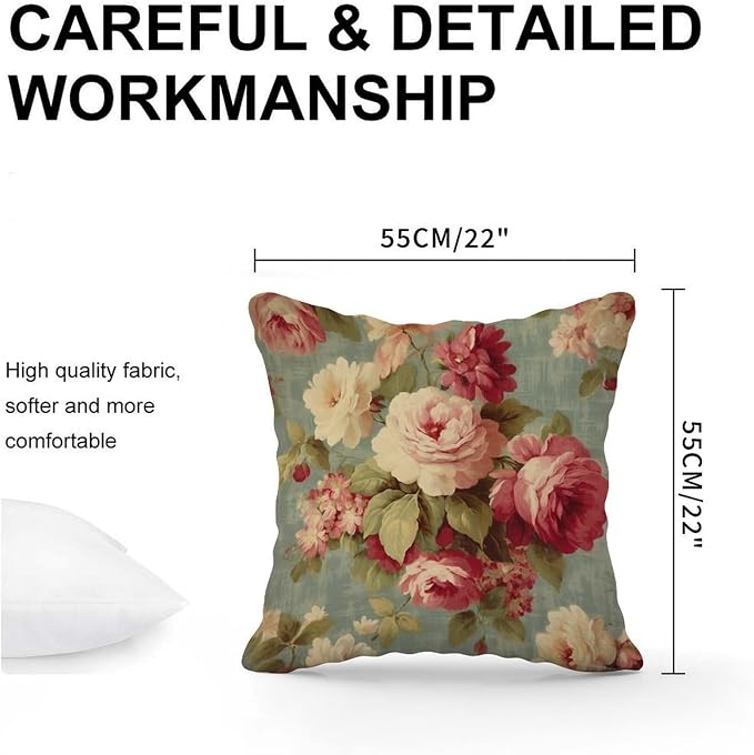 Cushion Cases Watercolor Pink Roses Throw Pillow Covers Classic Romantic Aqua Flower Pillow Cover Accent Throw Pillow Covers Farmhouse Decorative for Patio Garden Sofa Chairs 22x22 in
