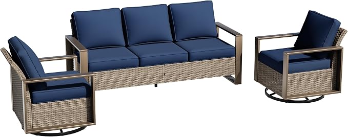 Wicker Patio 75" Sofa Set with 2 Swivel Chairs, All Weather Rattan Outdoor Conversation Furniture Set with Wood-Looking Metal Armrest & Removable Cushions for Backyard Porch, Dark Blue