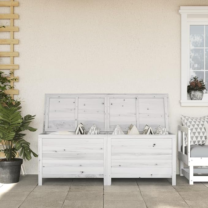 Outdoor Storage Container, Patio Storage Box, Wooden Portable Deck Box & Outdoor Container, White 59.1"x19.7"x22.2" Solid Wood Fir,-271