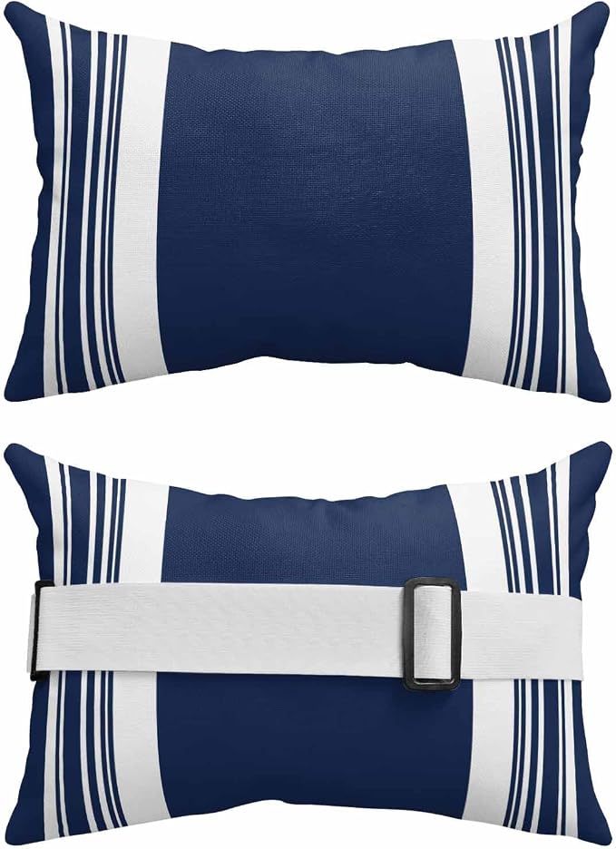 Outdoor Lumbar Pillow Set of 1, Farmhouse Navy Blue Waterproof Beach Headrest Pillow with Inserts, Aesthetic Modern Line Striped Recliner Throw Pillows for Patio Furniture, 11 x 16
