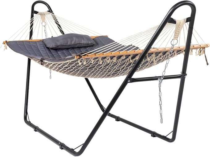 Hammock with Stand, Double Hammock with Stand for 2 Person, Outdoor Furniture, Holds 550lbs, Include Dual-Spreader Bar, Pillow, 124"x40"x52.25", Easy Setup, Free Standing hammocks for Outside, Grey