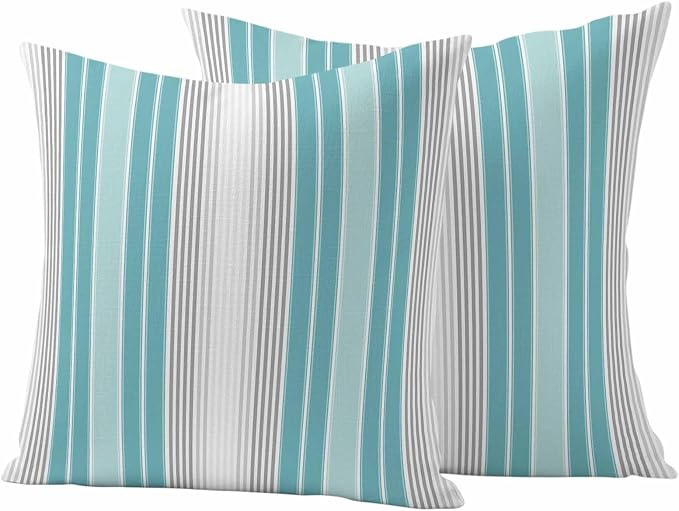 Chucoco Outdoor Waterproof Throw Pillow Cover, Teal Stripe Gray Line Decorative Pillows Cushion Covers, Minimalist Style 2 Pack Pillow Cases for Patio Garden Balcony Couch Sofa 20x20in