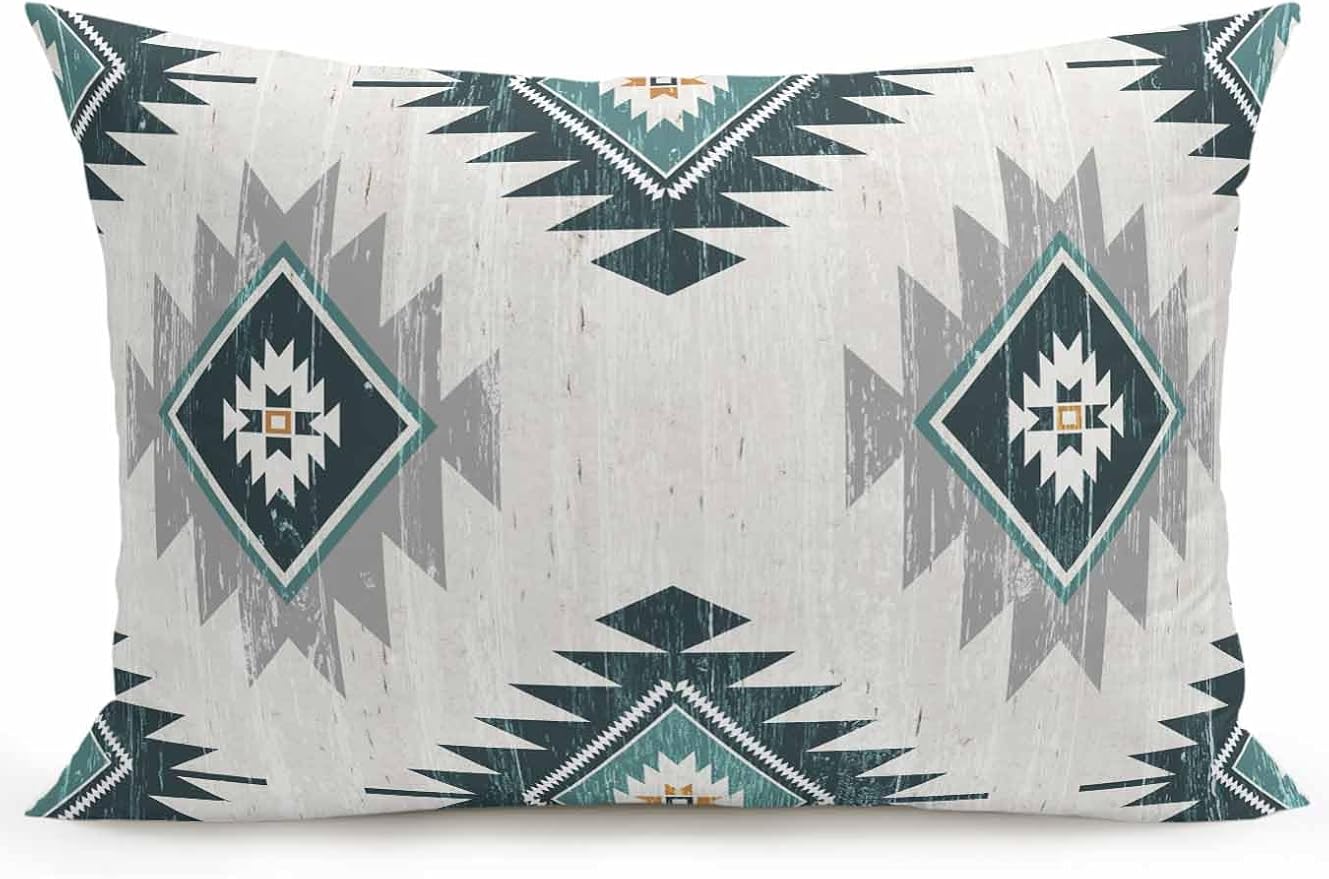 Waterproof Outdoor Pillow 1 Pack Turquoise Boho Aztec Decorative Throw Pillows Cover & Insert 20x12 Inch Lumbar Pillowcase Southwest Tribal Style Pillows for Couch Sofa Bed Patio Furniture
