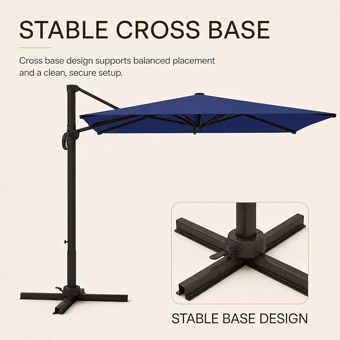 Kingdura 9' X 9' Cantilever Patio Umbrella with Base Included, Large Square Outdoor Offset Umbrella with 360-degree Rotation, 4 Position Tilt, UV Protection for Pool Deck Garden Patio (Navy blue)