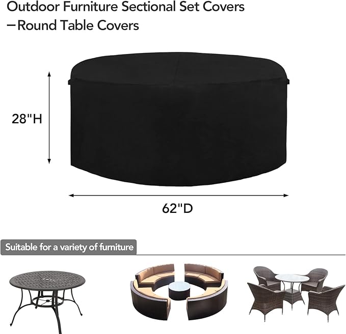 Easy-Going 600D Heavy Duty Round Patio Furniture Set Cover, Waterproof Outdoor Table and Chair Set Cover, (62"DIAx 28"H, Black)