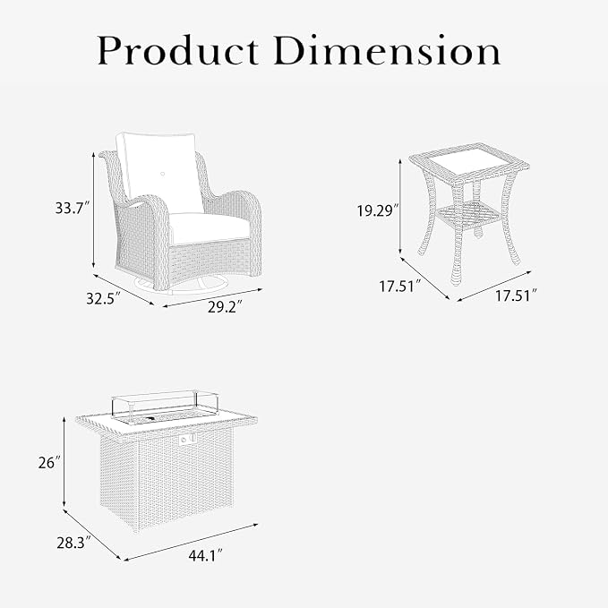 LayinSun 7 Pieces Outdoor Patio Furniture Set with Fire Pit Table, Rattan Wicker Swivel Rocker Chairs Sets with Swivel Glider Chairs and Coffee Table
