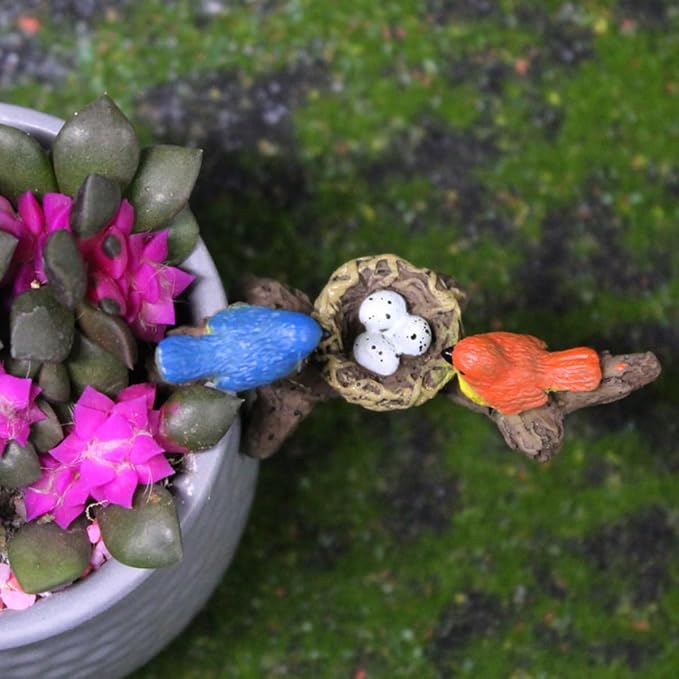Miniature Birds Perched on Branch Flower Pot Hugger Figurines, Mini Resin Sculpture Outdoor Statues for Planter Pot Terrarium Fish Tank Edge Bonsai Crafts Decor Fairy Garden Accessories