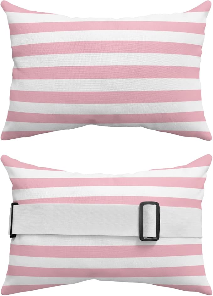 T&H XHome Outdoor Pillow for Chaise Lounge Chair, Pink and White Stripes Waterproof Headrest Pillow Lumbar Pillows with Adjustable Elastic Strap for Beach, Poolside, Patio, Office (2 Pack)
