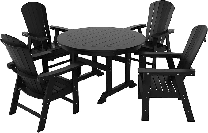 WestinTrends Dylan Adirondack Outdoor Dining Set for 4, All Weather Poly Lumber Patio Table and Chairs Set of 4, 47" Trestle Round Dining Table and Seashell Adirondack Dining Chair, Black