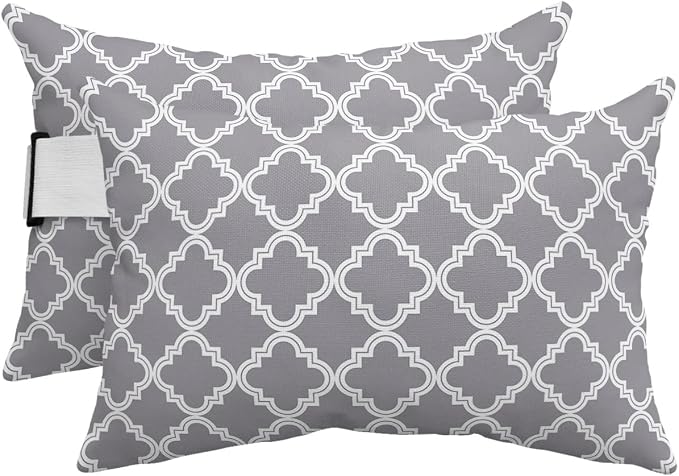 Outdoor Pillows Covers with Inserts Grey Moroccan Pattern Geometric Waterproof Recliner Pillow with Adjustable Strap Throw Pillows for Patio Furniture Pool Lounge Chair, 12x20 inch, 2PCS