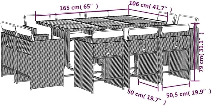 Afuera Living Contemporary Patio Dining Set, 10-Seater, Foldable PE Rattan and Solid Acacia Wood, Gray Finish, Cushioned Chairs, Powder-Coated, Space-Saving Design for Garden, Terrace, Outdoor