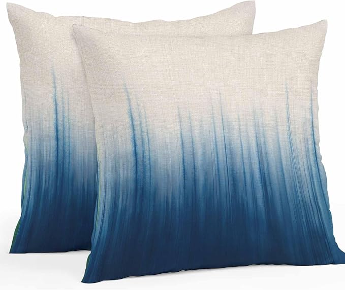 Blue Ombre Stripe Waterproof Outdoor Pillow Covers Set of 2 Home Decor, Abstract Art Modern Gradient Beige Pillowcase Patio Pillow Covers for Couch Bench Furniture Garden 26x26in